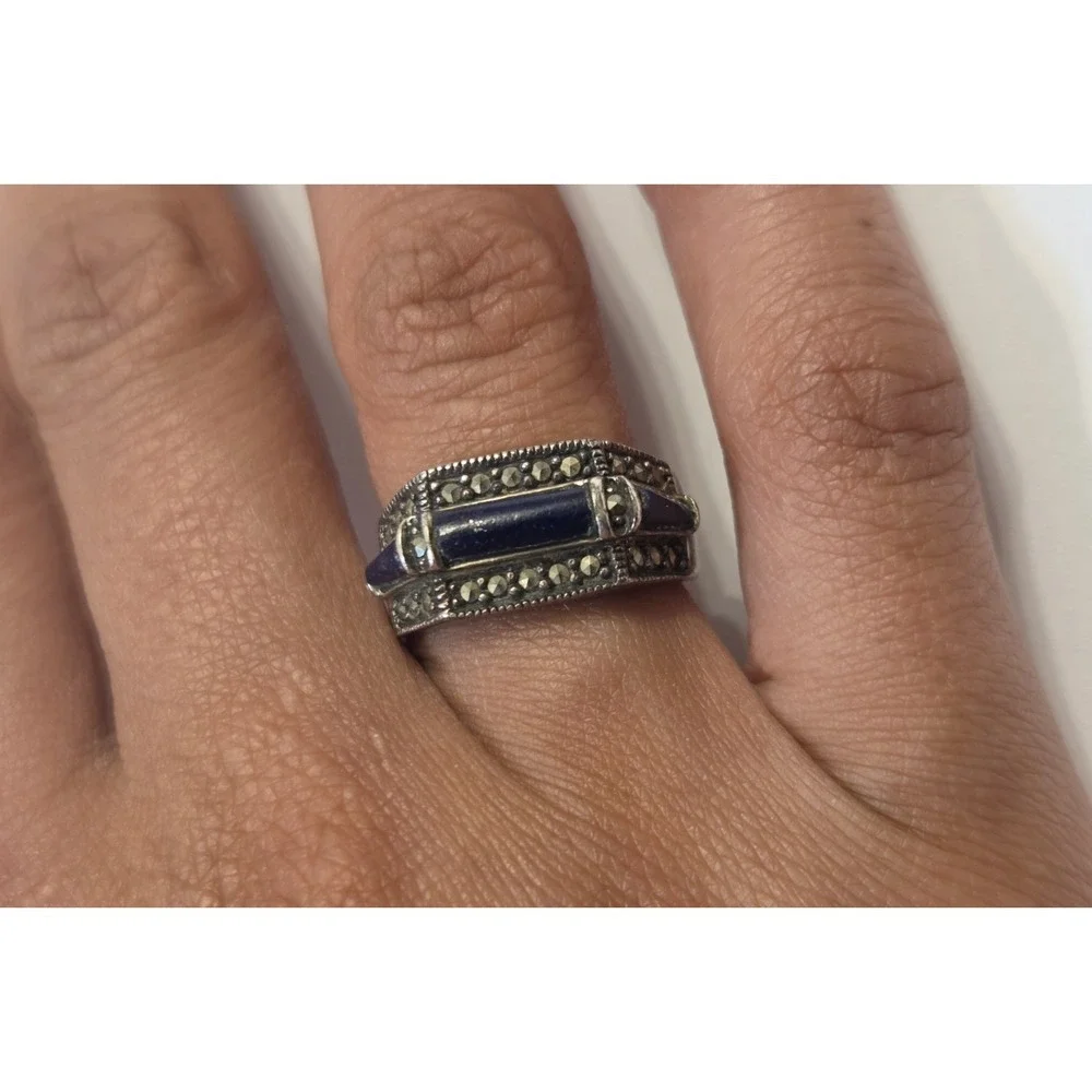 Vintage Art Deco Sterling Silver, Lapis Lazuli & Marcasite Statement Ring Size 6